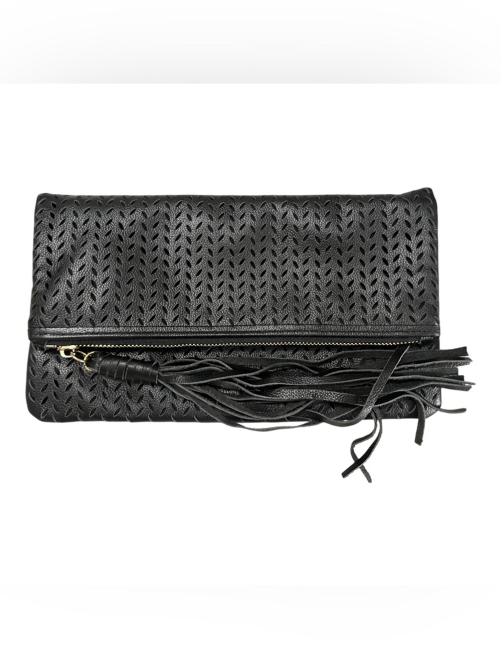 B-Low the Belt Perforated Leather Foldover Tassel Clutch
